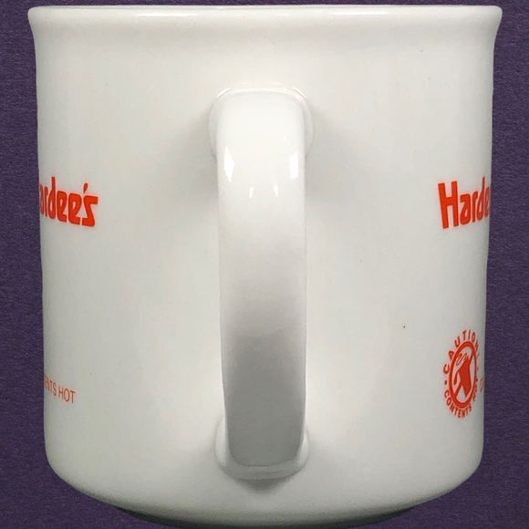 Set of 2 Hardees Caution! Contents Hot Coffee Cup Mug White Orange - Picture 5 of 12